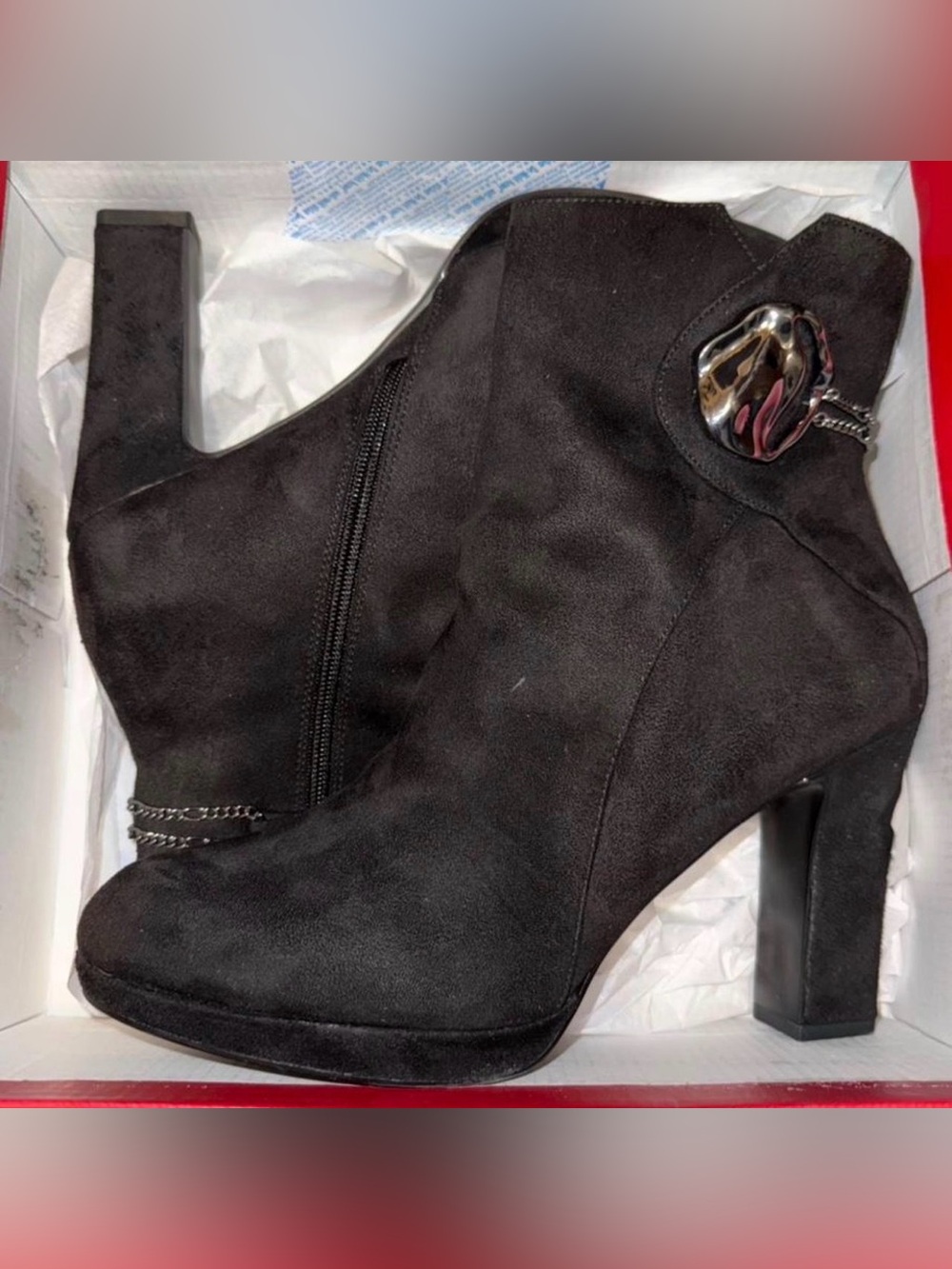 Classic Black Suede High-Heel Ankle Booties with Chain Accent